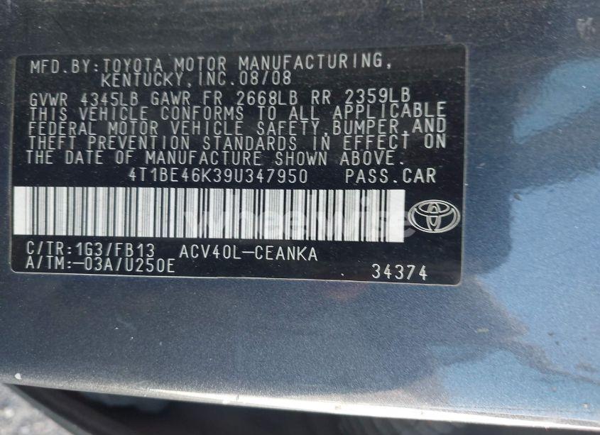 Photo 9 of 2009 Toyota Camry LE (VIN 4T1BE46K39U347950)