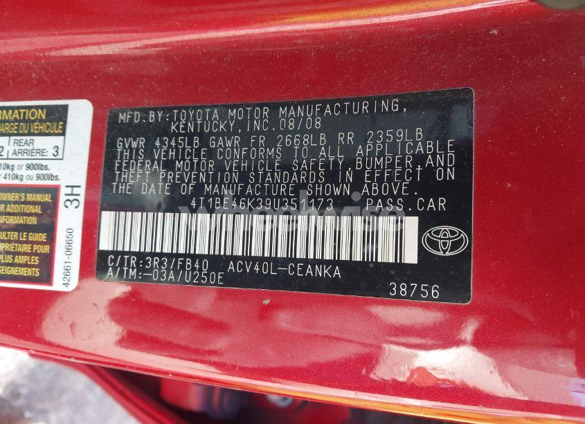 Photo 9 of 2009 Toyota Camry LE (VIN 4T1BE46K39U351173)