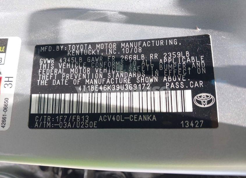 Photo 9 of 2009 Toyota Camry LE (VIN 4T1BE46K39U369172)