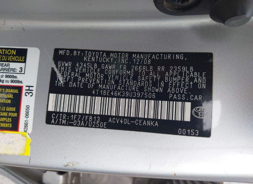 Photo 9 of 2009 Toyota Camry (VIN 4T1BE46K39U397506)