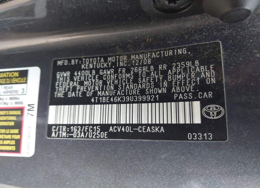 Photo 9 of 2009 Toyota Camry SE (VIN 4T1BE46K39U399921)