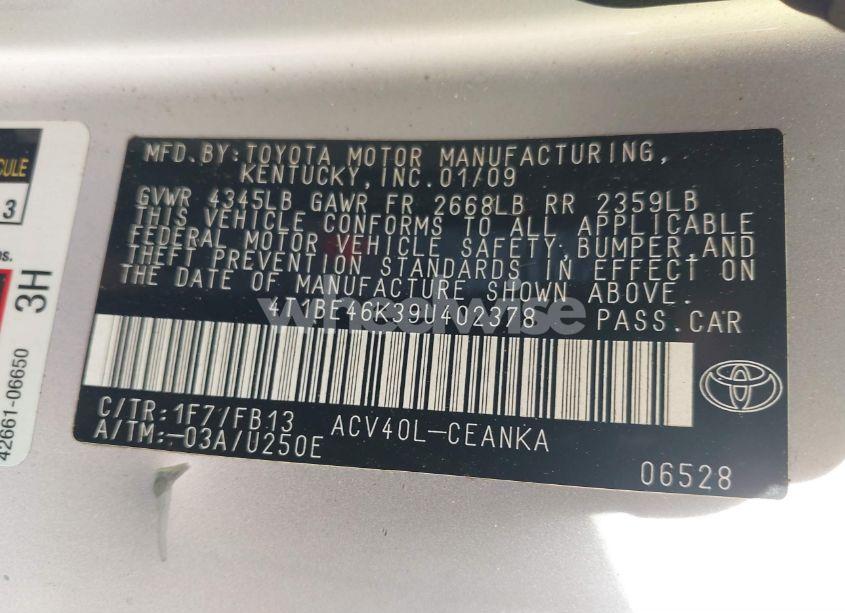 Photo 9 of 2009 Toyota Camry LE (VIN 4T1BE46K39U402378)