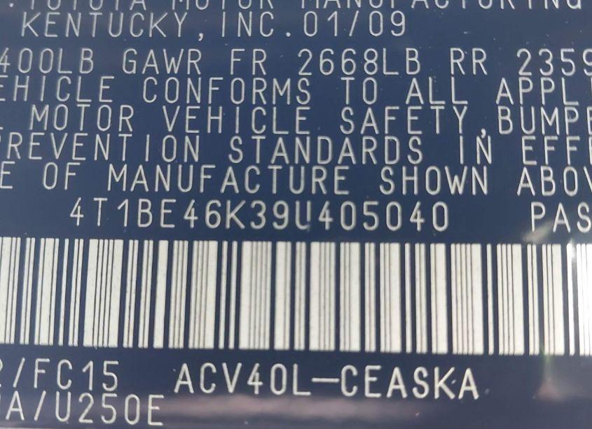 Photo 9 of 2009 Toyota Camry SE (VIN 4T1BE46K39U405040)