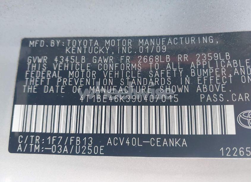 Photo 9 of 2009 Toyota Camry LE (VIN 4T1BE46K39U407015)
