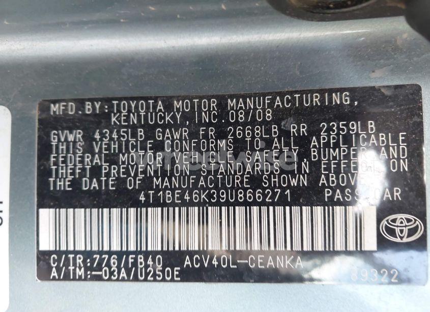 Photo 9 of 2009 Toyota Camry LE/SE/XLE (VIN 4T1BE46K39U866271)