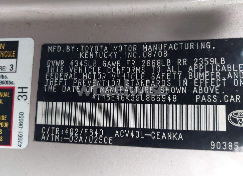 Photo 9 of 2009 Toyota Camry LE (VIN 4T1BE46K39U866948)