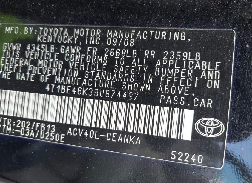 Photo 9 of 2009 Toyota Camry LE (VIN 4T1BE46K39U874497)