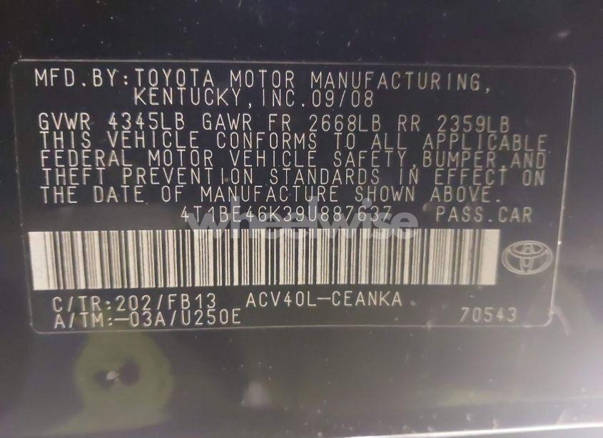 Photo 9 of 2009 Toyota Camry LE (VIN 4T1BE46K39U887637)