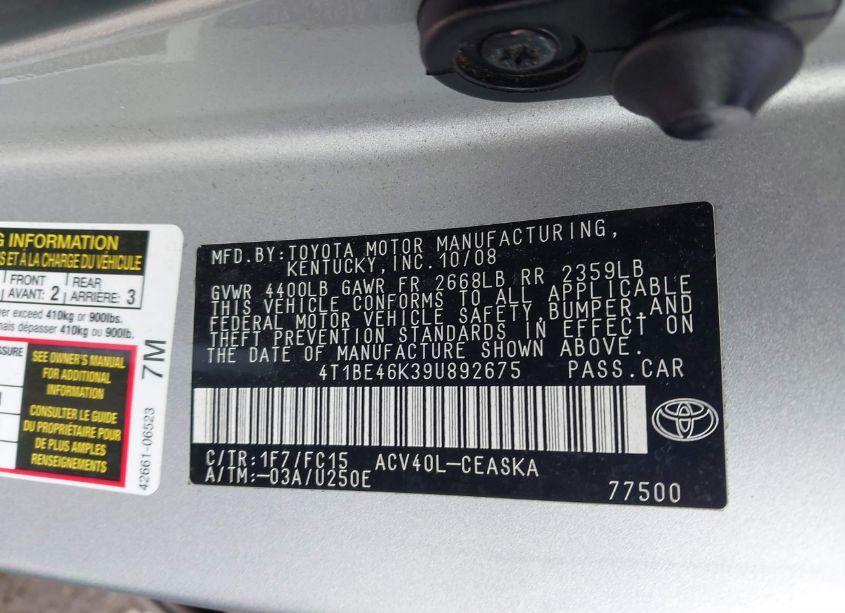 Photo 9 of 2009 Toyota Camry SE (VIN 4T1BE46K39U892675)