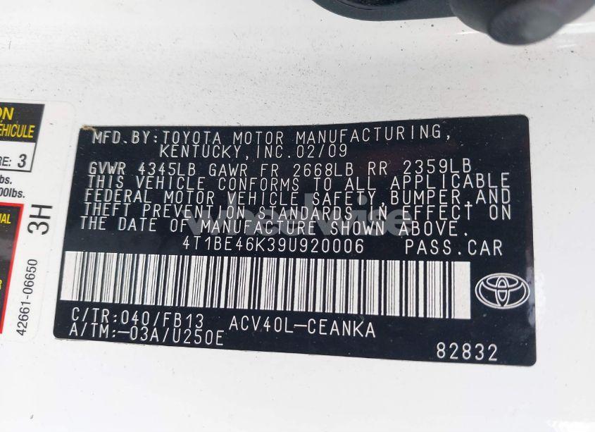 Photo 9 of 2009 Toyota Camry LE (VIN 4T1BE46K39U920006)