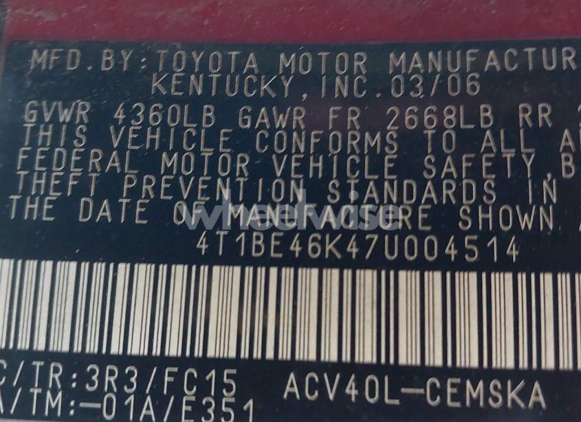 Photo 9 of 2007 Toyota Camry SE (VIN 4T1BE46K47U004514)