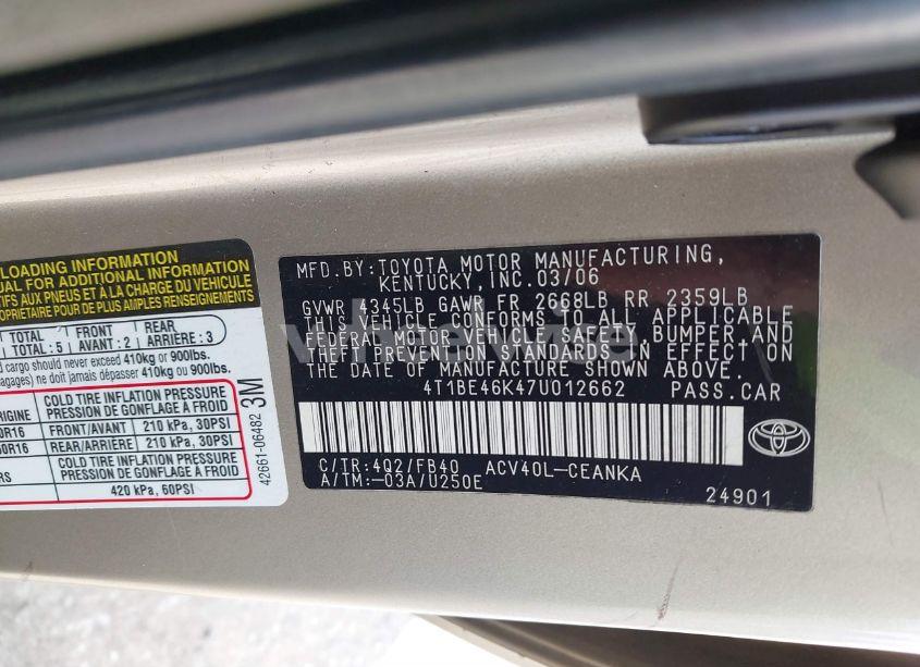 Photo 9 of 2007 Toyota Camry LE (VIN 4T1BE46K47U012662)