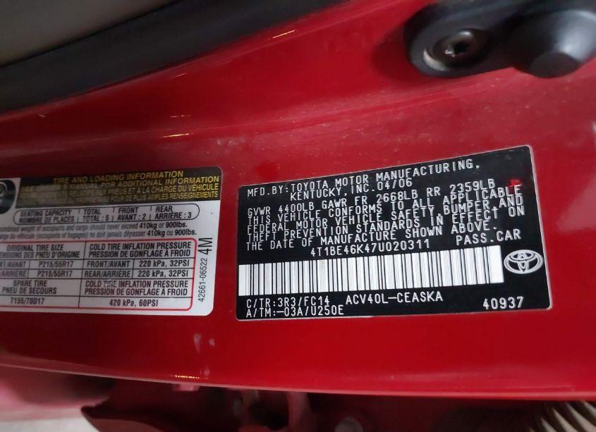 Photo 9 of 2007 Toyota Camry SE (VIN 4T1BE46K47U020311)