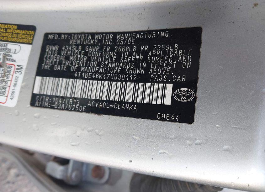 Photo 9 of 2007 Toyota Camry LE (VIN 4T1BE46K47U030112)