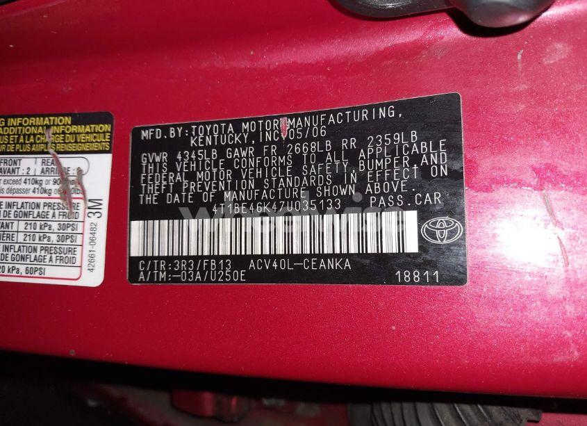 Photo 9 of 2007 Toyota Camry LE (VIN 4T1BE46K47U035133)