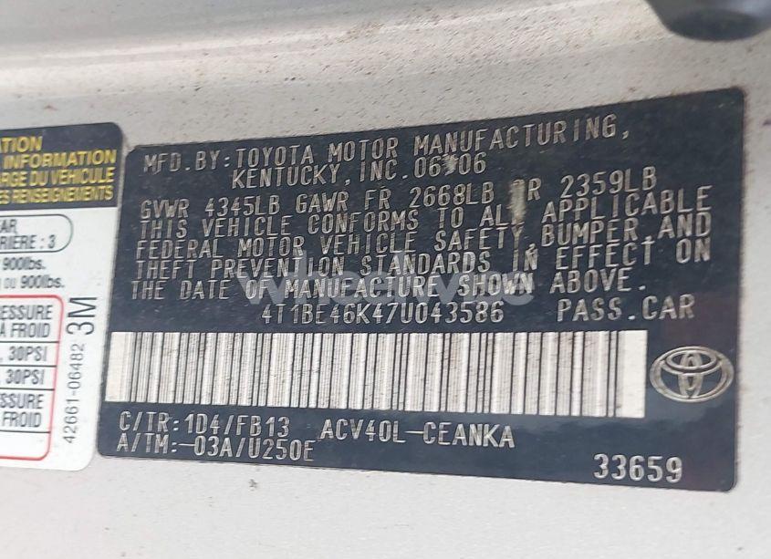 Photo 9 of 2007 Toyota Camry LE (VIN 4T1BE46K47U043586)