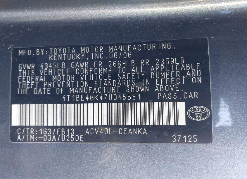 Photo 9 of 2007 Toyota Camry LE (VIN 4T1BE46K47U045581)