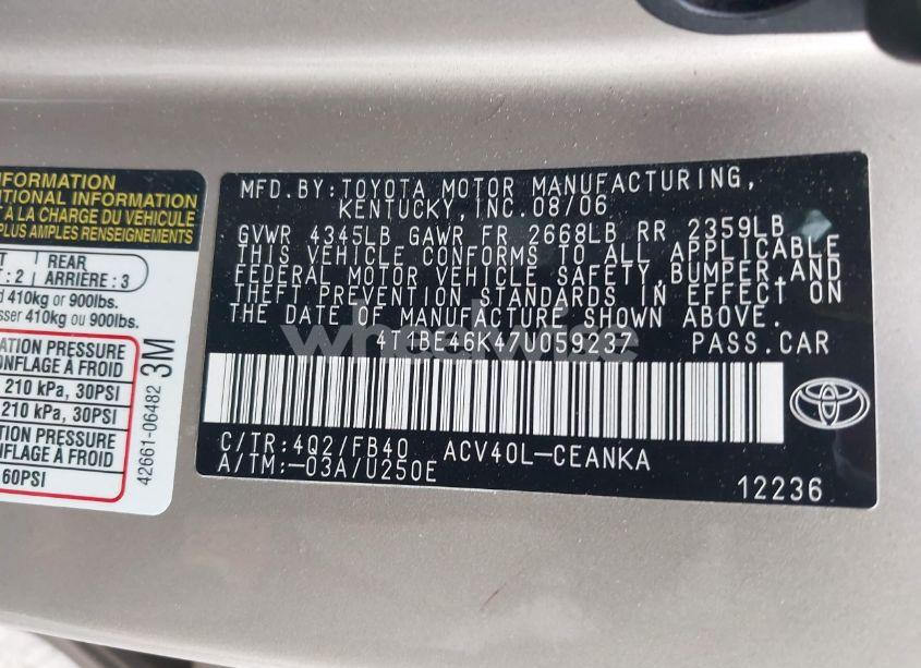 Photo 9 of 2007 Toyota Camry LE (VIN 4T1BE46K47U059237)