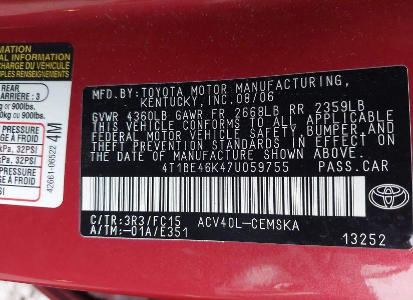 Photo 9 of 2007 Toyota Camry SE (VIN 4T1BE46K47U059755)