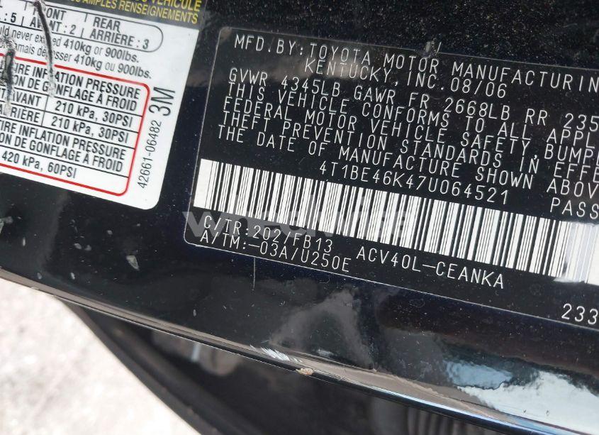 Photo 9 of 2007 Toyota Camry LE (VIN 4T1BE46K47U064521)