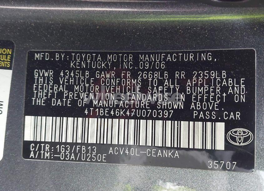 Photo 9 of 2007 Toyota Camry LE (VIN 4T1BE46K47U070397)