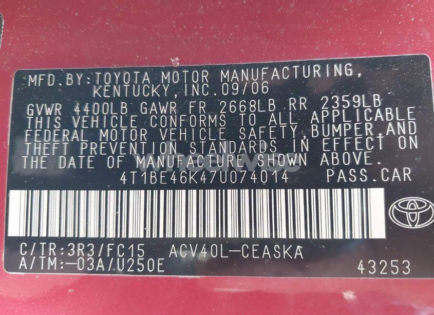 Photo 9 of 2007 Toyota Camry SE (VIN 4T1BE46K47U074014)
