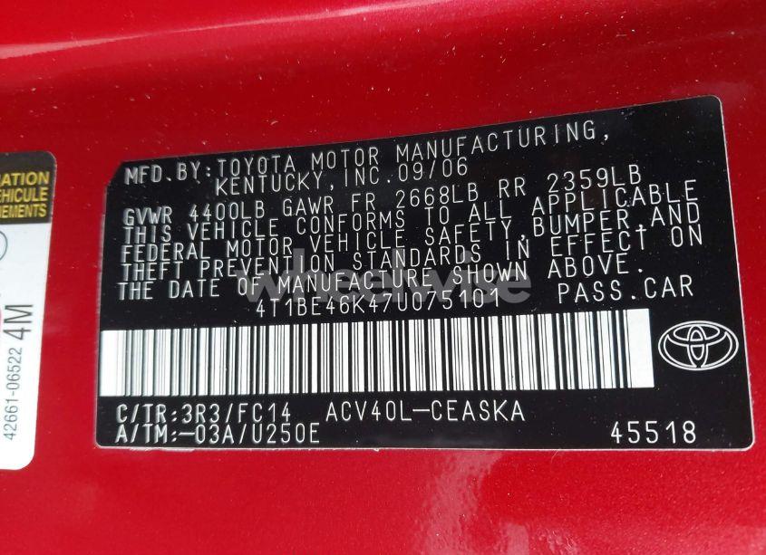 Photo 9 of 2007 Toyota Camry SE (VIN 4T1BE46K47U075101)