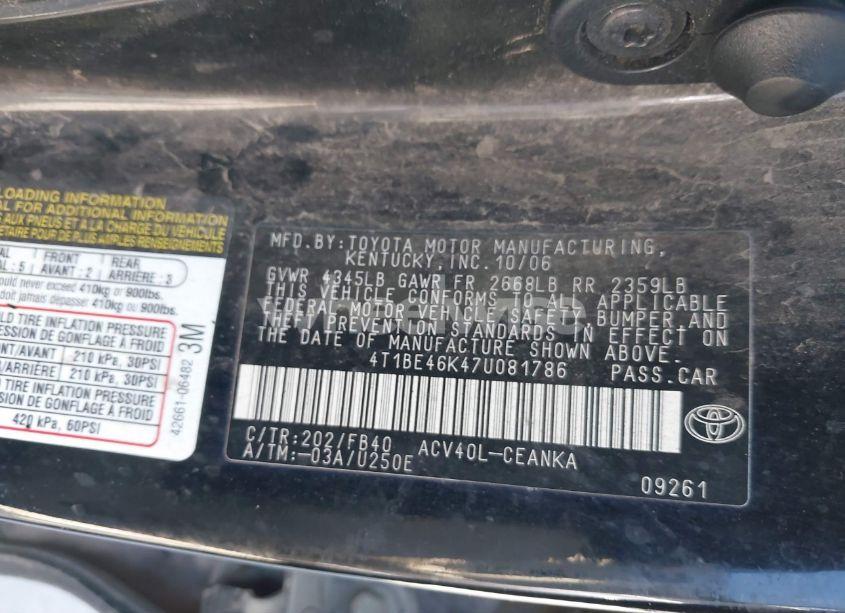 Photo 9 of 2007 Toyota Camry LE (VIN 4T1BE46K47U081786)