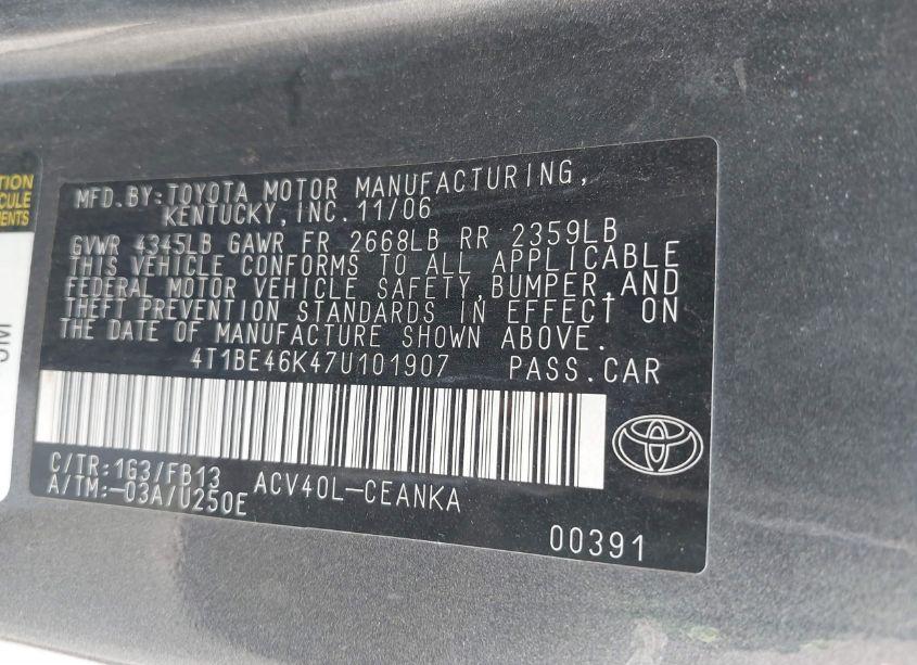 Photo 9 of 2007 Toyota Camry LE (VIN 4T1BE46K47U101907)