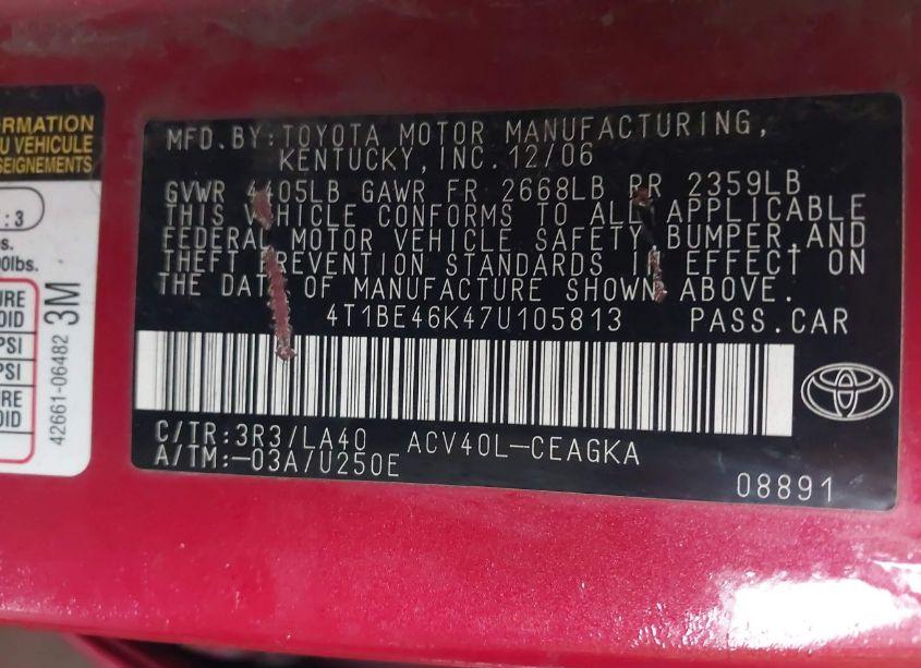 Photo 9 of 2007 Toyota Camry XLE (VIN 4T1BE46K47U105813)