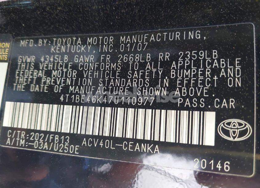 Photo 9 of 2007 Toyota Camry LE (VIN 4T1BE46K47U110977)