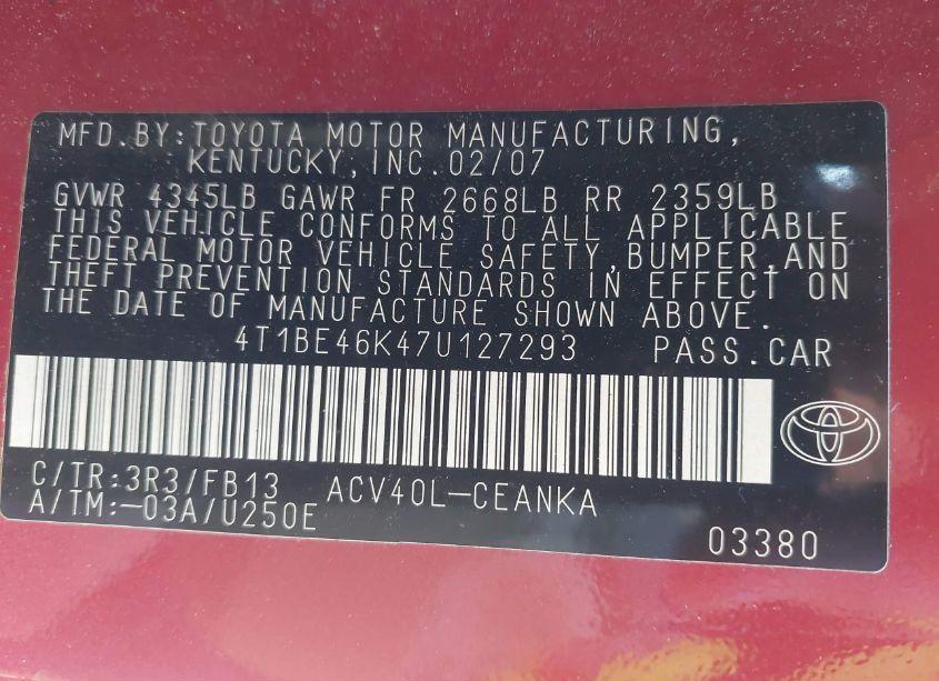 Photo 9 of 2007 Toyota Camry LE (VIN 4T1BE46K47U127293)
