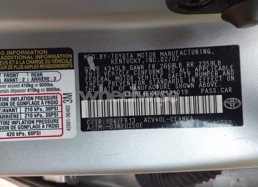 Photo 9 of 2007 Toyota Camry LE (VIN 4T1BE46K47U131019)