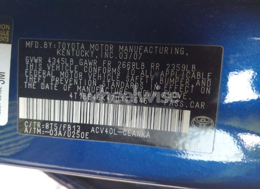 Photo 9 of 2007 Toyota Camry LE (VIN 4T1BE46K47U141646)