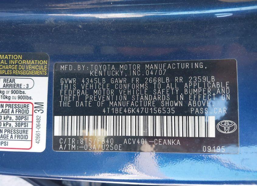 Photo 9 of 2007 Toyota Camry LE (VIN 4T1BE46K47U156535)