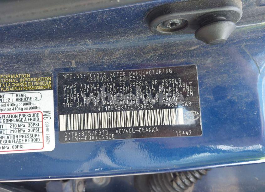 Photo 9 of 2007 Toyota Camry LE (VIN 4T1BE46K47U159936)