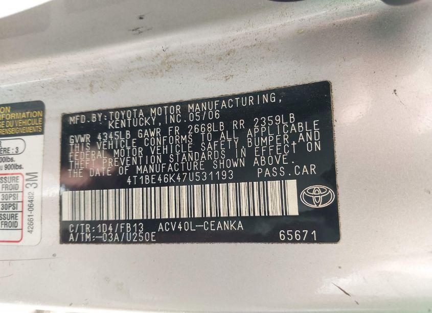 Photo 9 of 2007 Toyota Camry LE (VIN 4T1BE46K47U531193)