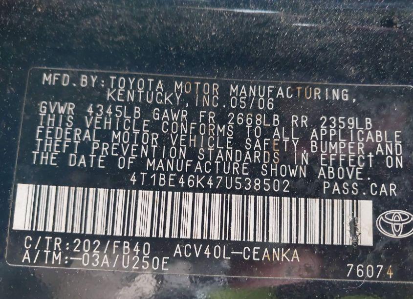 Photo 9 of 2007 Toyota Camry LE (VIN 4T1BE46K47U538502)