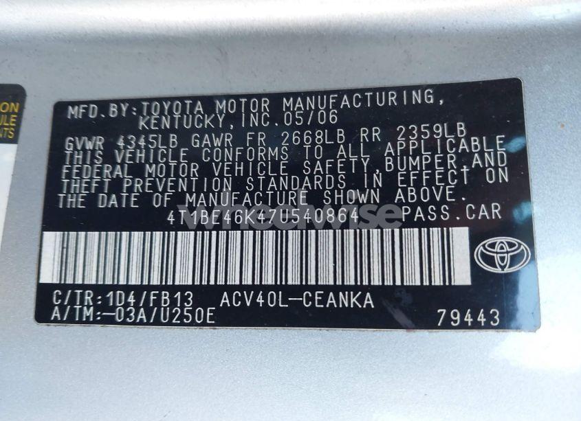 Photo 9 of 2007 Toyota Camry LE (VIN 4T1BE46K47U540864)