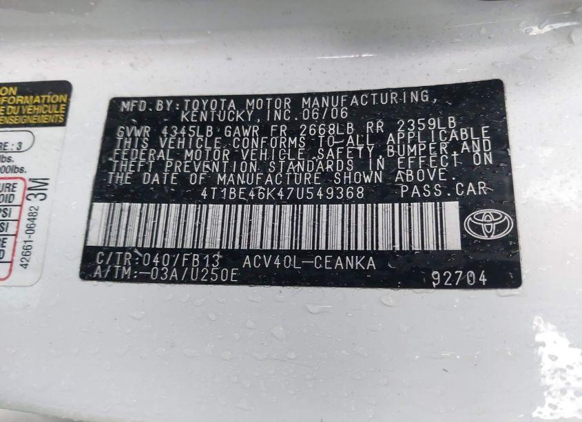 Photo 9 of 2007 Toyota Camry LE (VIN 4T1BE46K47U549368)