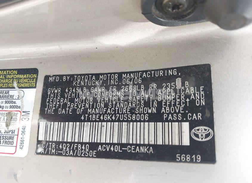 Photo 9 of 2007 Toyota Camry LE (VIN 4T1BE46K47U558006)