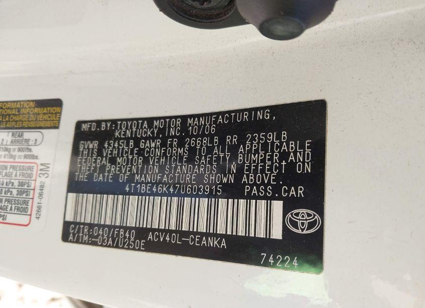 Photo 9 of 2007 Toyota Camry LE (VIN 4T1BE46K47U603915)