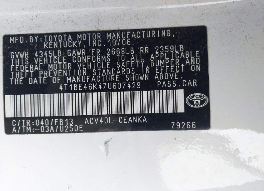 Photo 9 of 2007 Toyota Camry LE (VIN 4T1BE46K47U607429)
