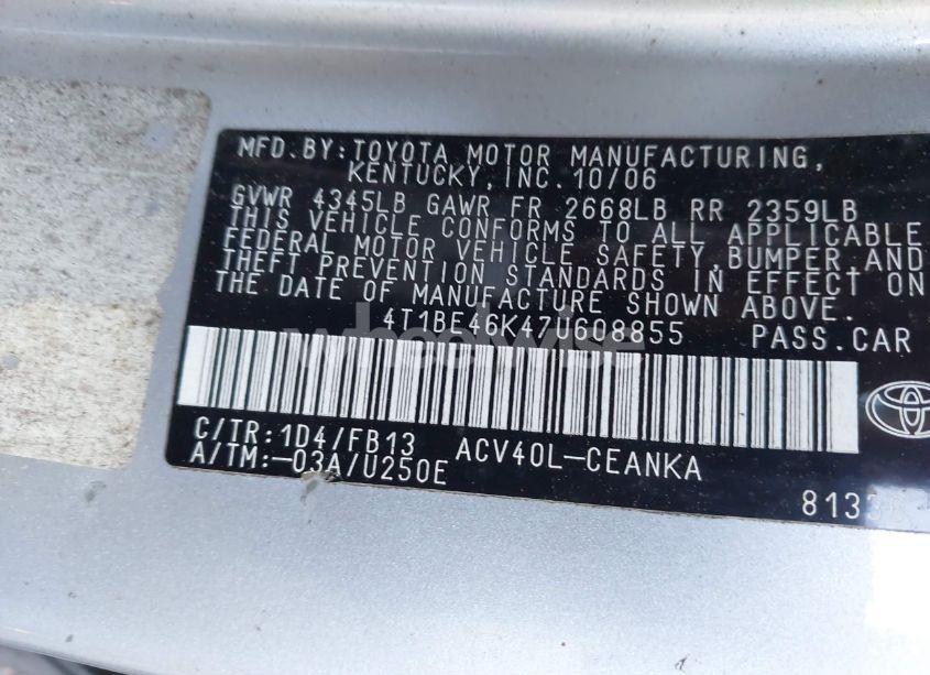 Photo 9 of 2007 Toyota Camry LE (VIN 4T1BE46K47U608855)