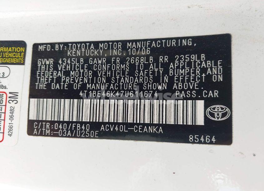 Photo 9 of 2007 Toyota Camry LE (VIN 4T1BE46K47U611674)