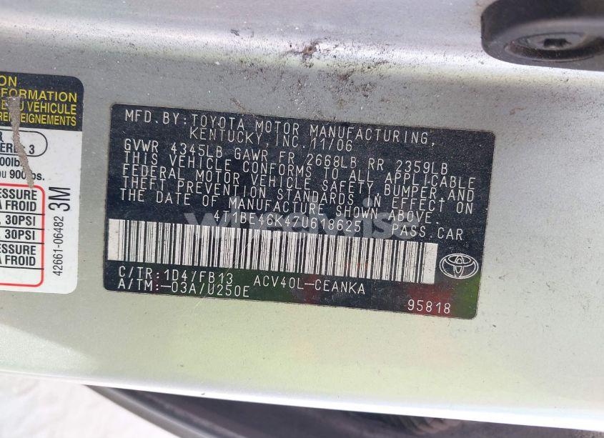 Photo 9 of 2007 Toyota Camry CE (VIN 4T1BE46K47U618625)