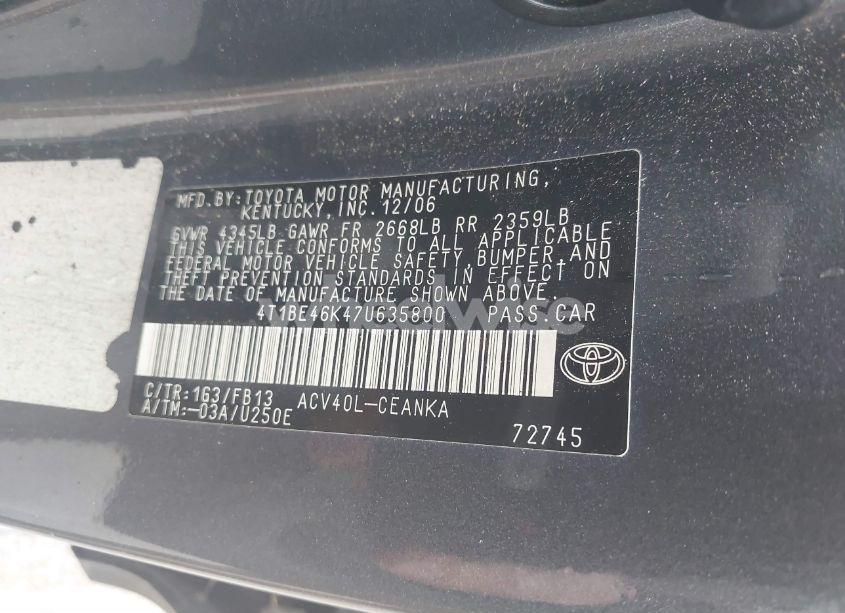 Photo 9 of 2007 Toyota Camry LE (VIN 4T1BE46K47U635800)