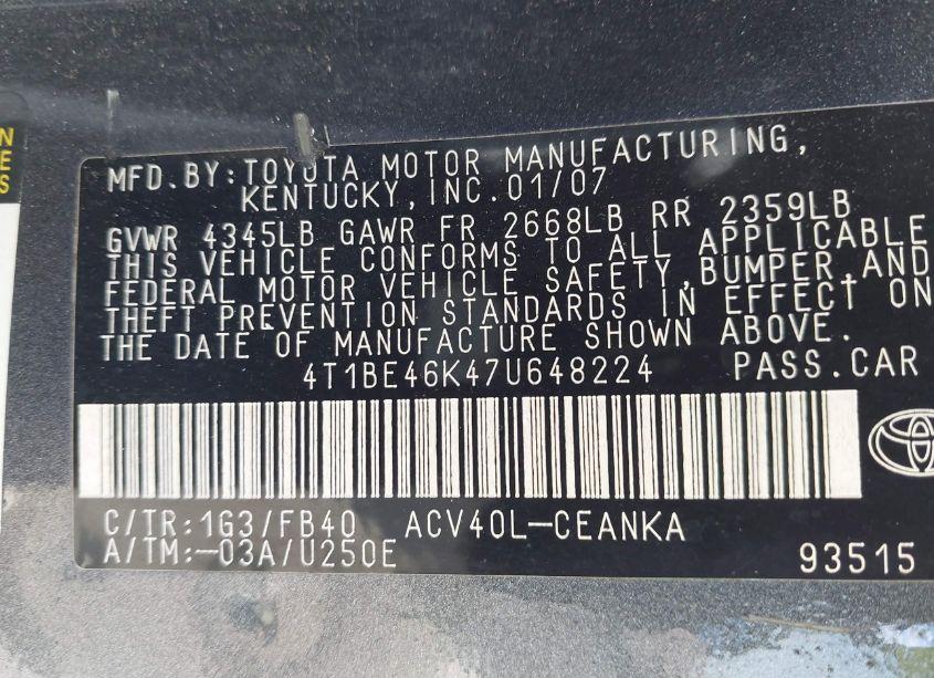 Photo 9 of 2007 Toyota Camry LE (VIN 4T1BE46K47U648224)