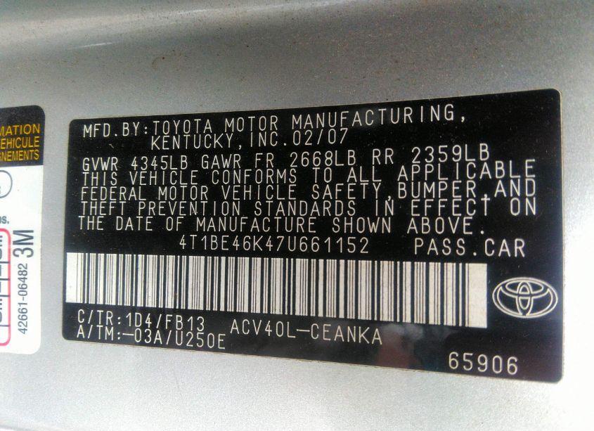 Photo 9 of 2007 Toyota Camry LE (VIN 4T1BE46K47U661152)