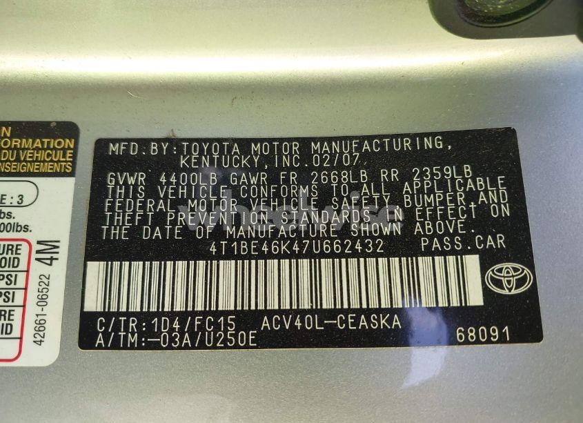 Photo 9 of 2007 Toyota Camry SE (VIN 4T1BE46K47U662432)